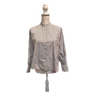 Everlane XS Blue White‎ Stripe Band Collar Button Front Cotton Blouse Shirt